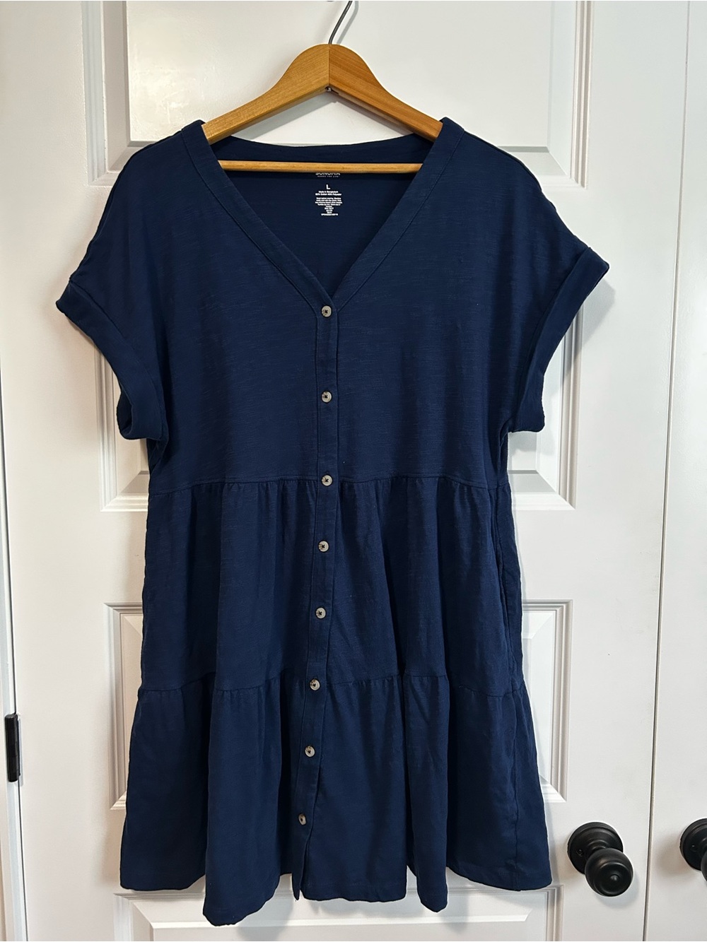 Navy Button-Front Tiered Short Sleeve Sun Dress with Pockets